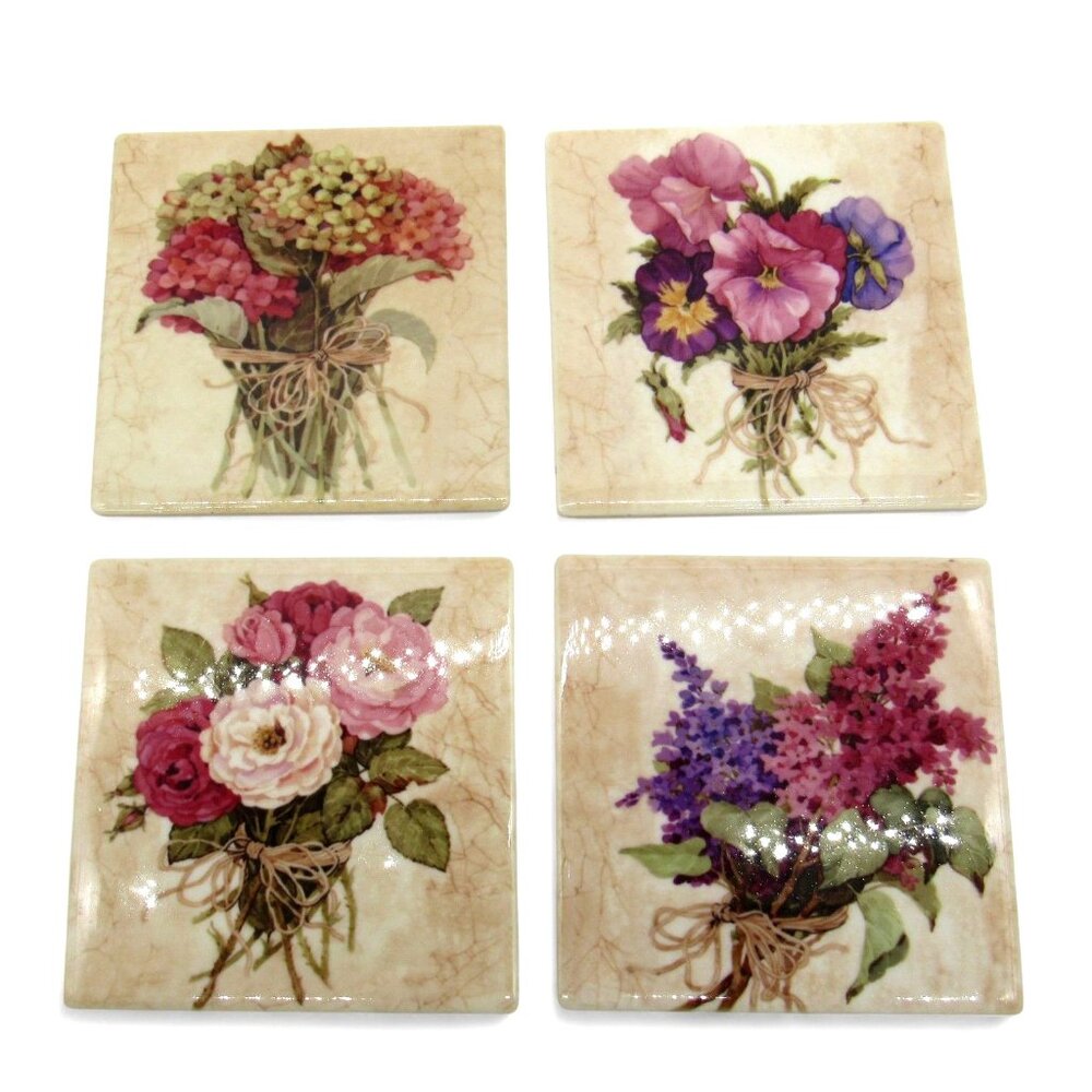 Floral CERAMIC Square COASTERS With Rustic Bouquet Flower Designs Set Of 4